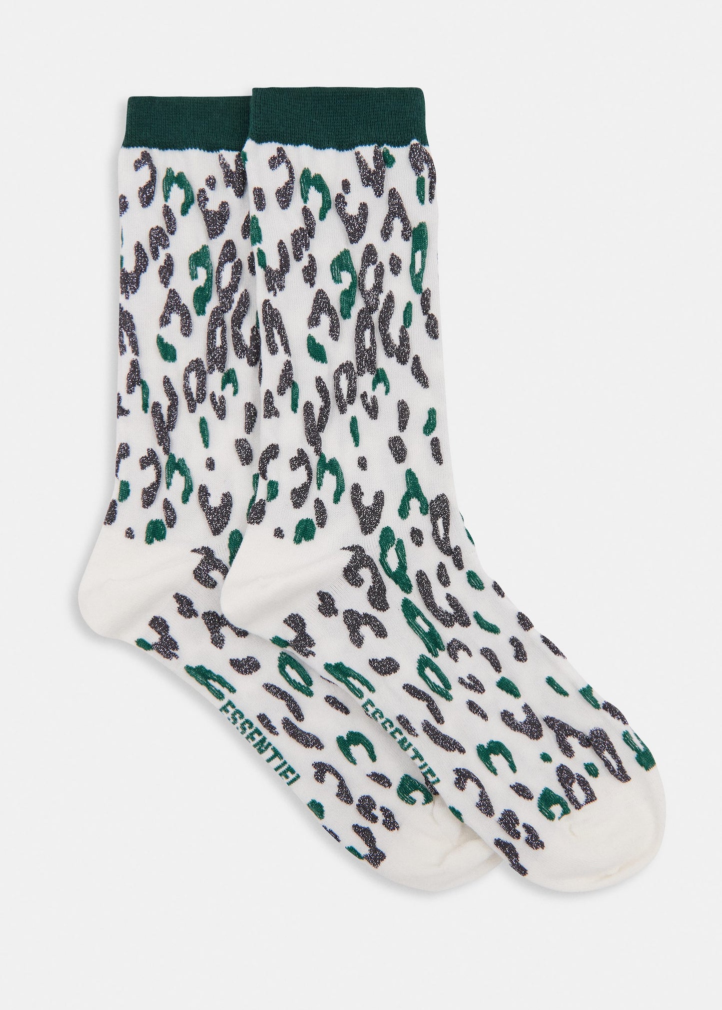 Essentiel Antwerp Karty leopard jacquard-knit socks in off-white, green and grey, shown on model