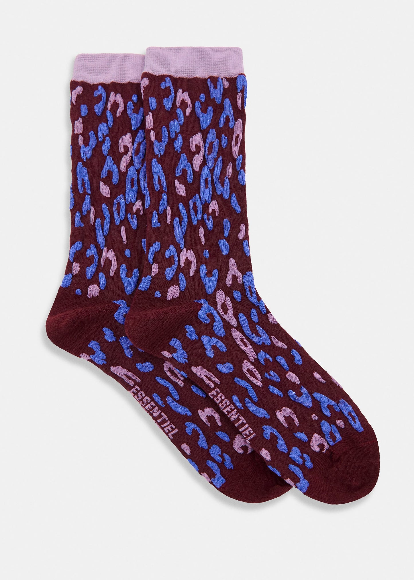 Essentiel Antwerp Karty leopard jacquard-knit socks in burgundy, blue and mauve, shown on model