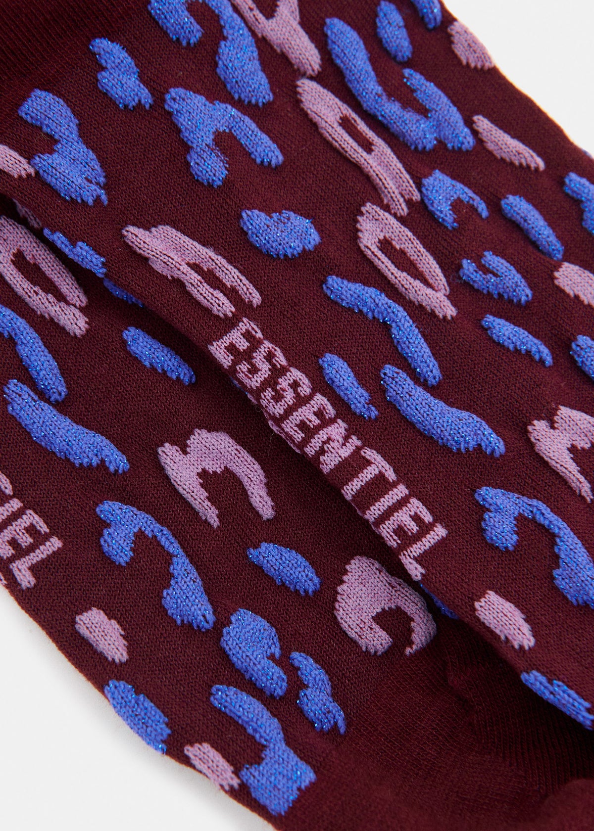 Essentiel Antwerp Karty leopard jacquard-knit socks in burgundy, blue and mauve, alternate view