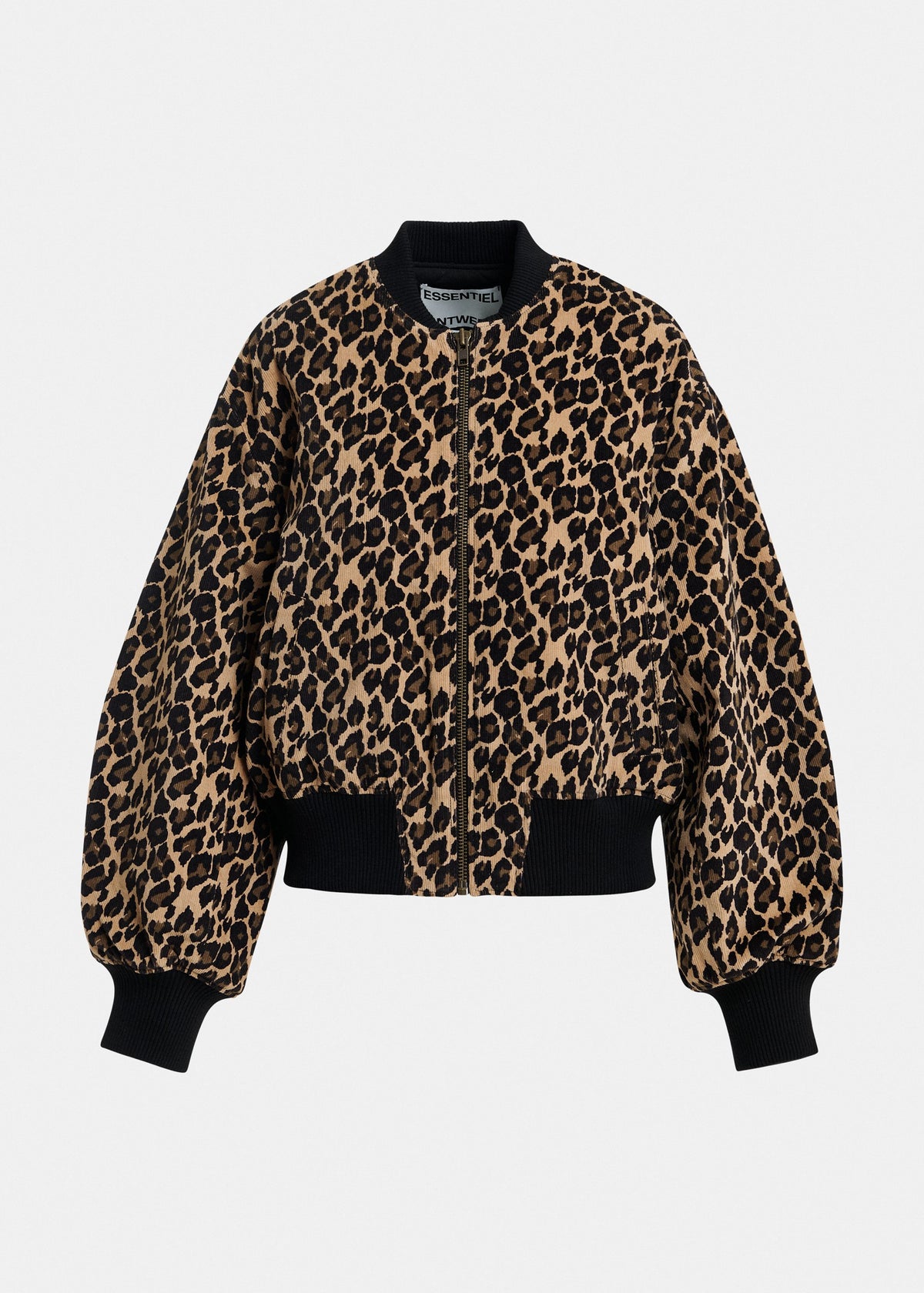 Essentiel Antwerp Kasen bomber jacket in brown and black leopard, shown on model