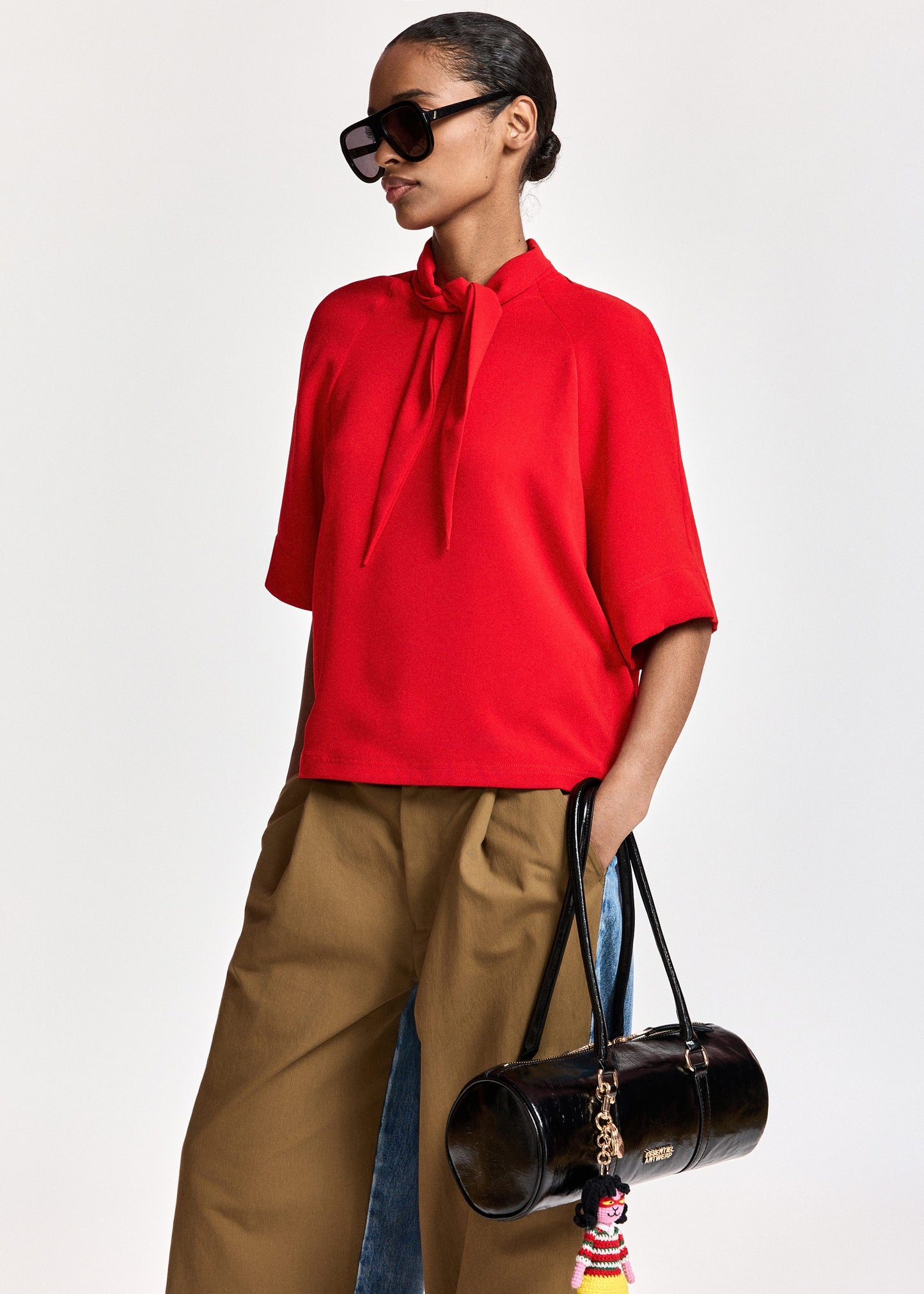 Essentiel Antwerp Kassie Neck Tie Top in Firestarter red, side view