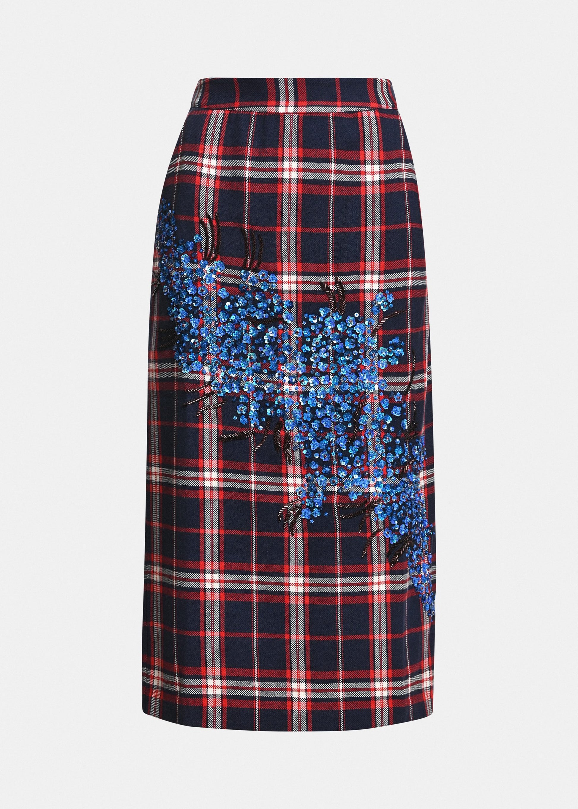Essentiel Antwerp Kathee sequin-embellished midi skirt in navy, red and off-white check, shown on model