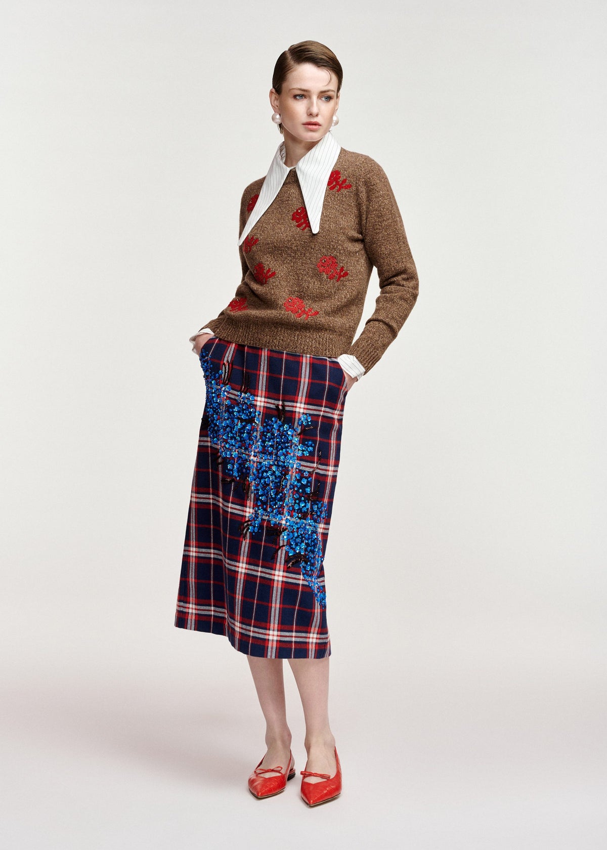 Essentiel Antwerp Kathee sequin-embellished midi skirt in navy, red and off-white check, alternate view