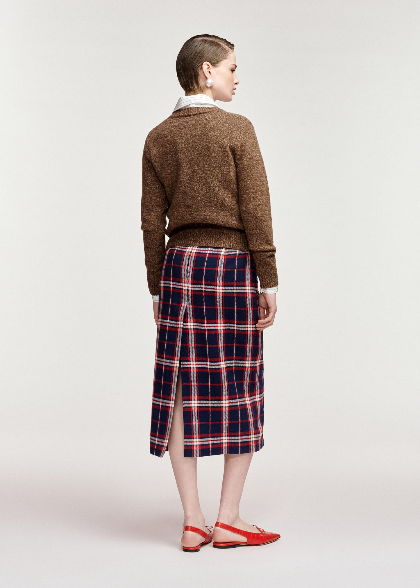 Essentiel Antwerp Kathee sequin-embellished midi skirt in navy, red and off-white check, additional view