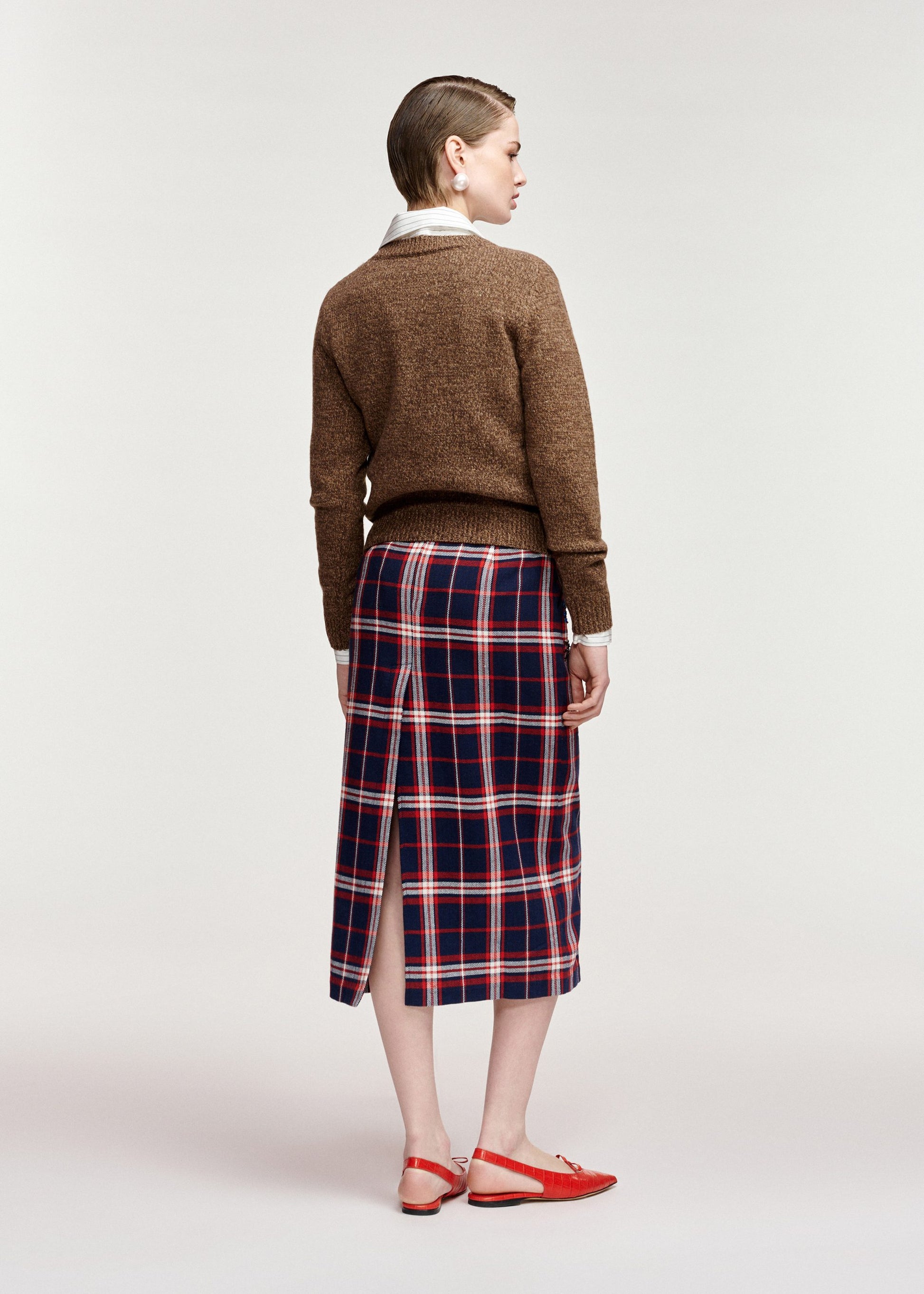 Essentiel Antwerp Kathee sequin-embellished midi skirt in navy, red and off-white check, additional view