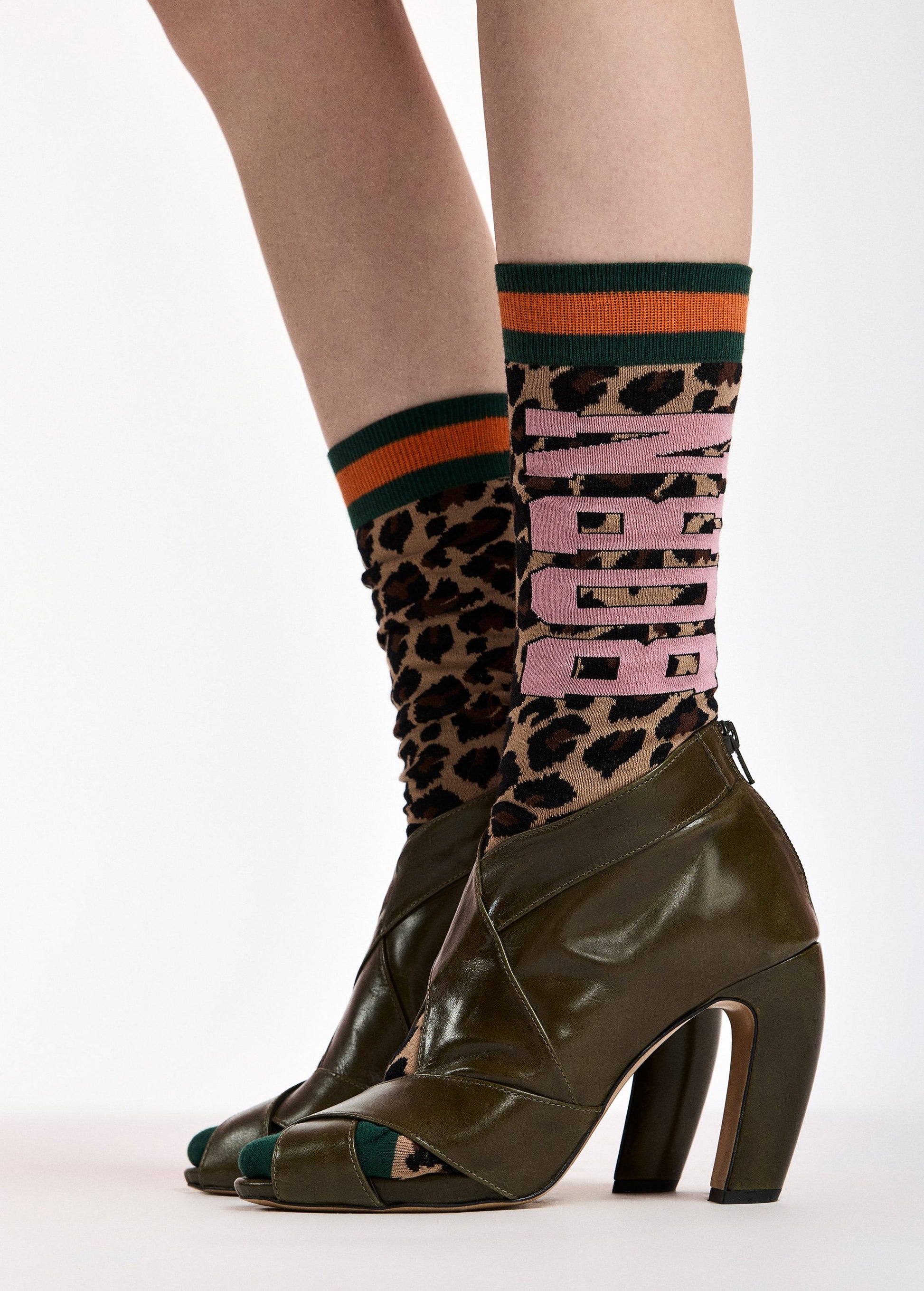 Essentiel Antwerp Keast Jacquard Socks in Desert Muse leopard jacquard, front view