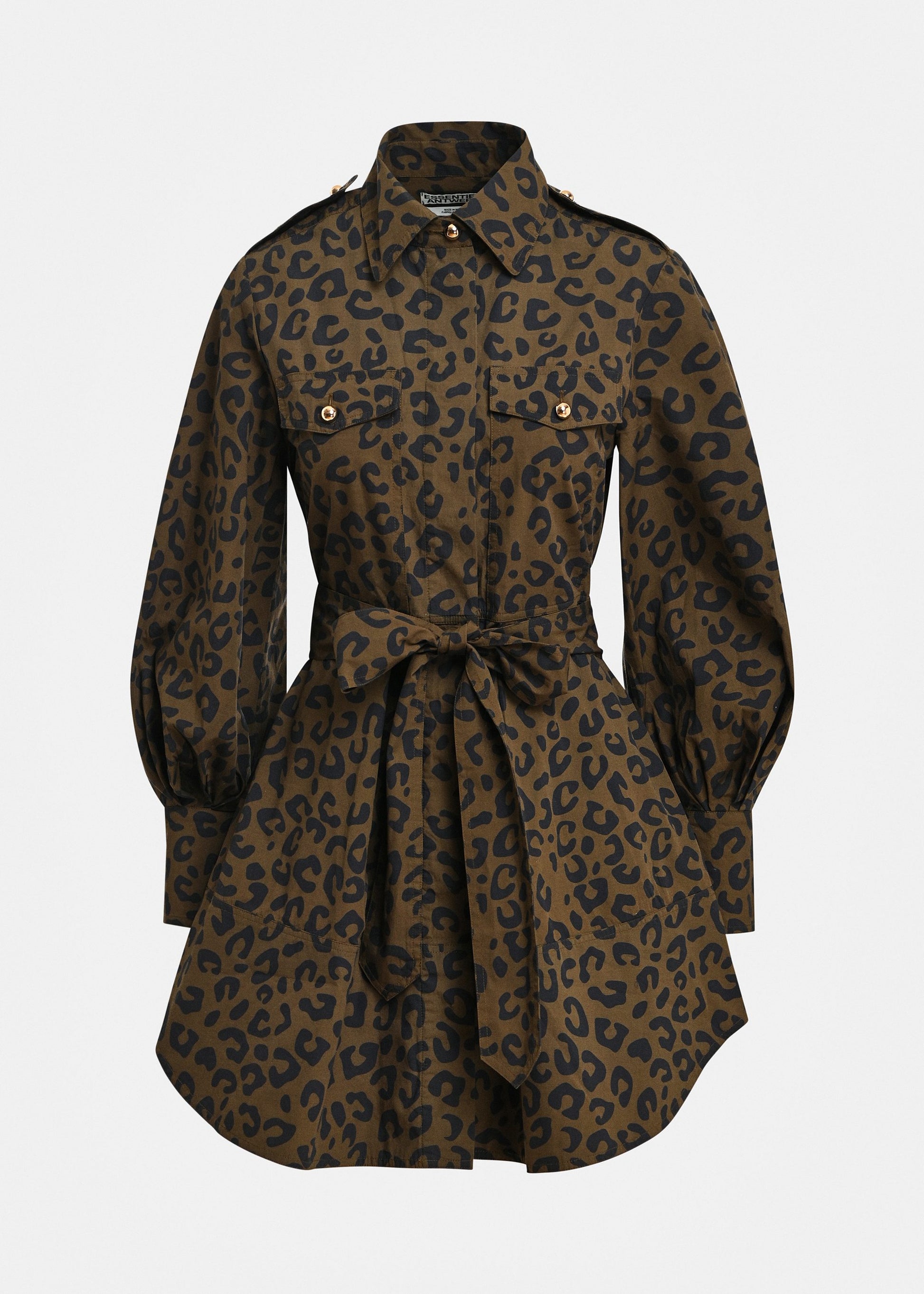 Essentiel Antwerp Keto Mini Shirt Dress in Dusty Green leopard print, front view