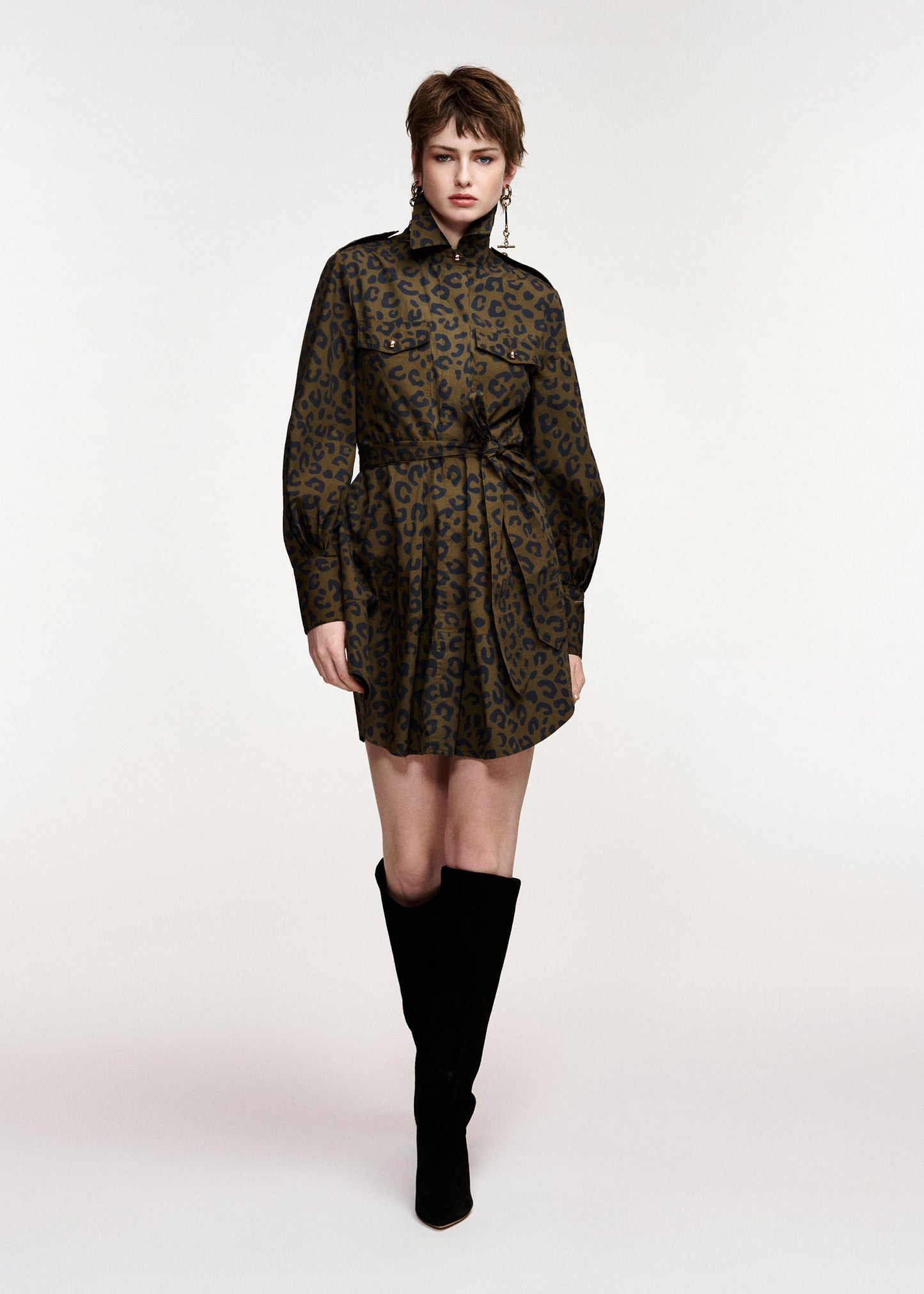 Essentiel Antwerp Keto Mini Shirt Dress in Dusty Green leopard print, side view