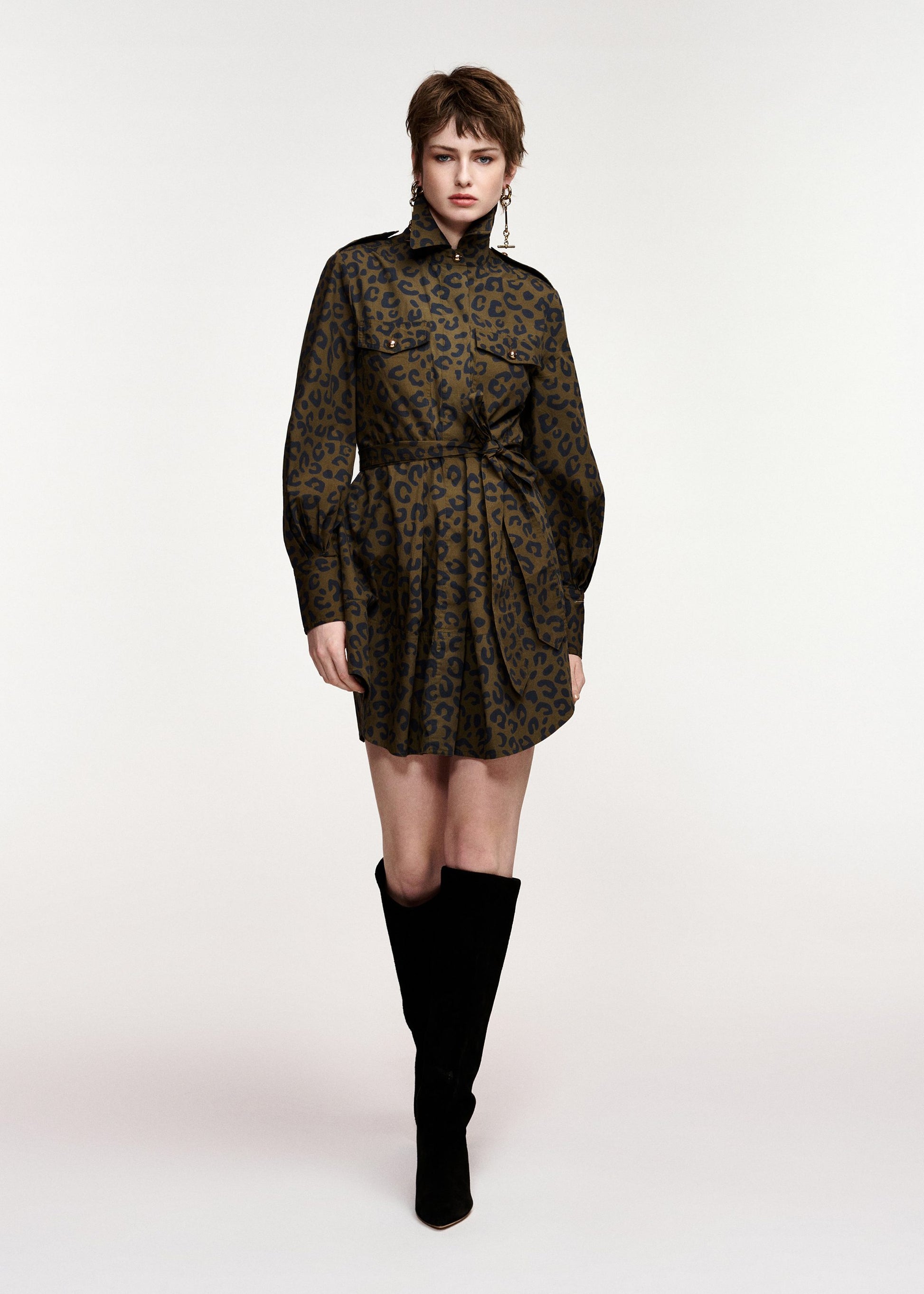 Essentiel Antwerp Keto Mini Shirt Dress in Dusty Green leopard print, side view
