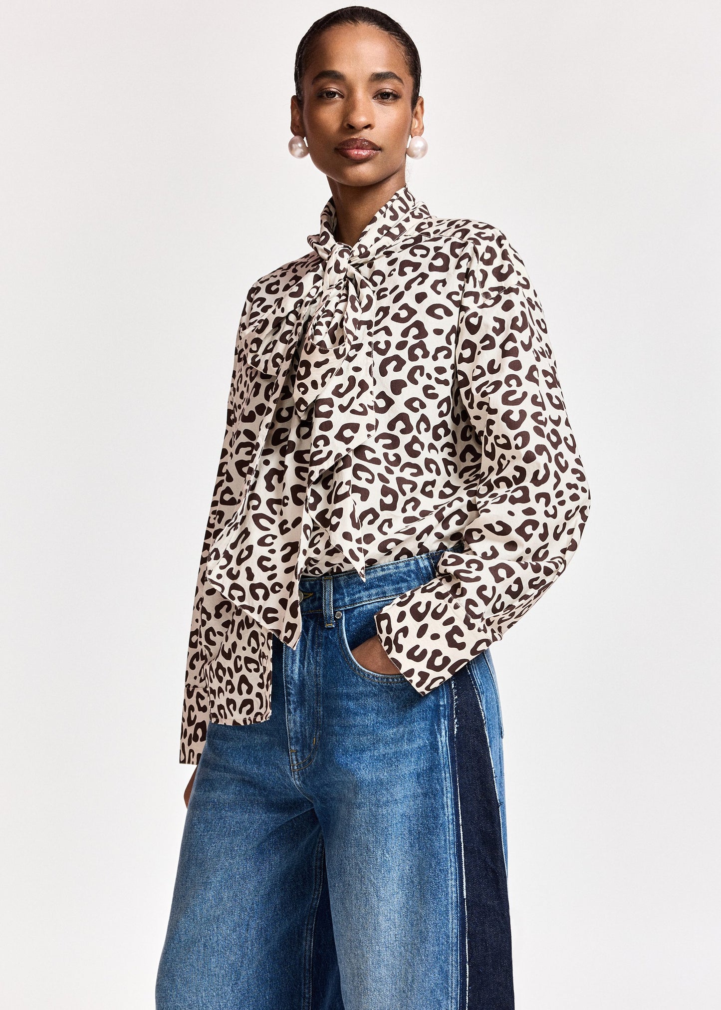 Essentiel Antwerp Khaleesi Pussy Bow Tie Shirt in Bear Me print, side view