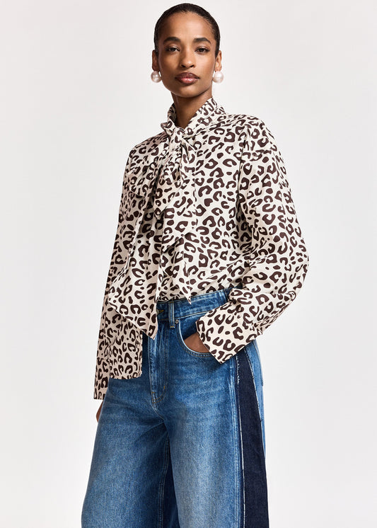 Essentiel Antwerp Khaleesi Pussy Bow Tie Shirt in Bear Me print, side view