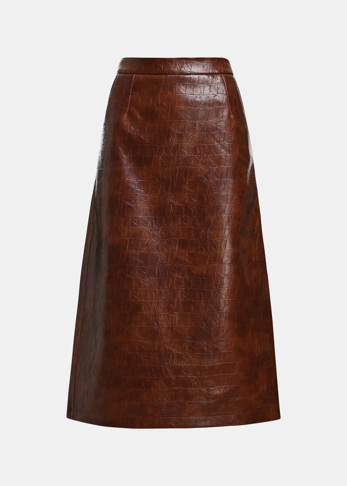 Essentiel Antwerp Kind croco-effect faux leather midi skirt in brown, shown on model