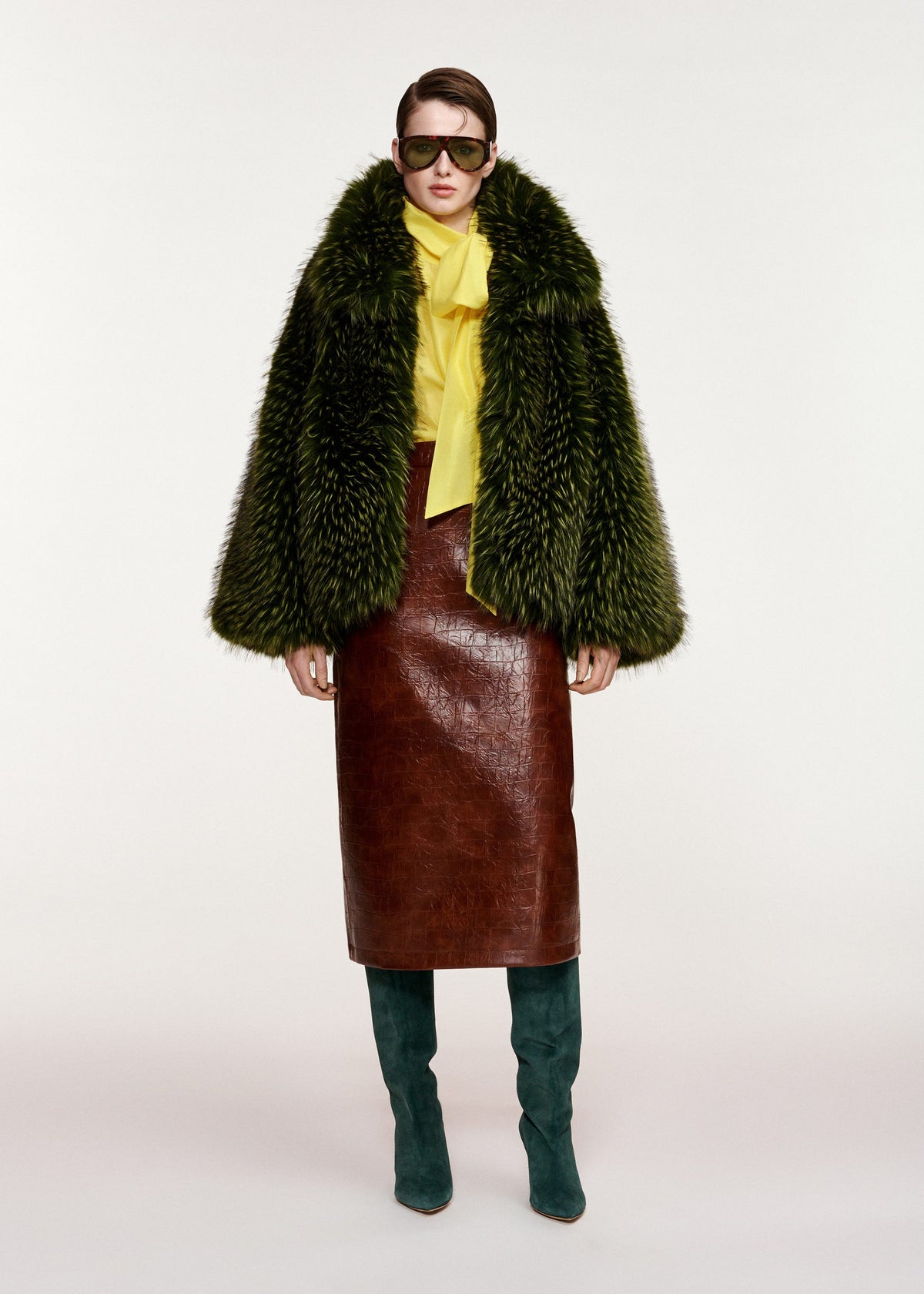 Essentiel Antwerp Kind croco-effect faux leather midi skirt in brown, alternate view