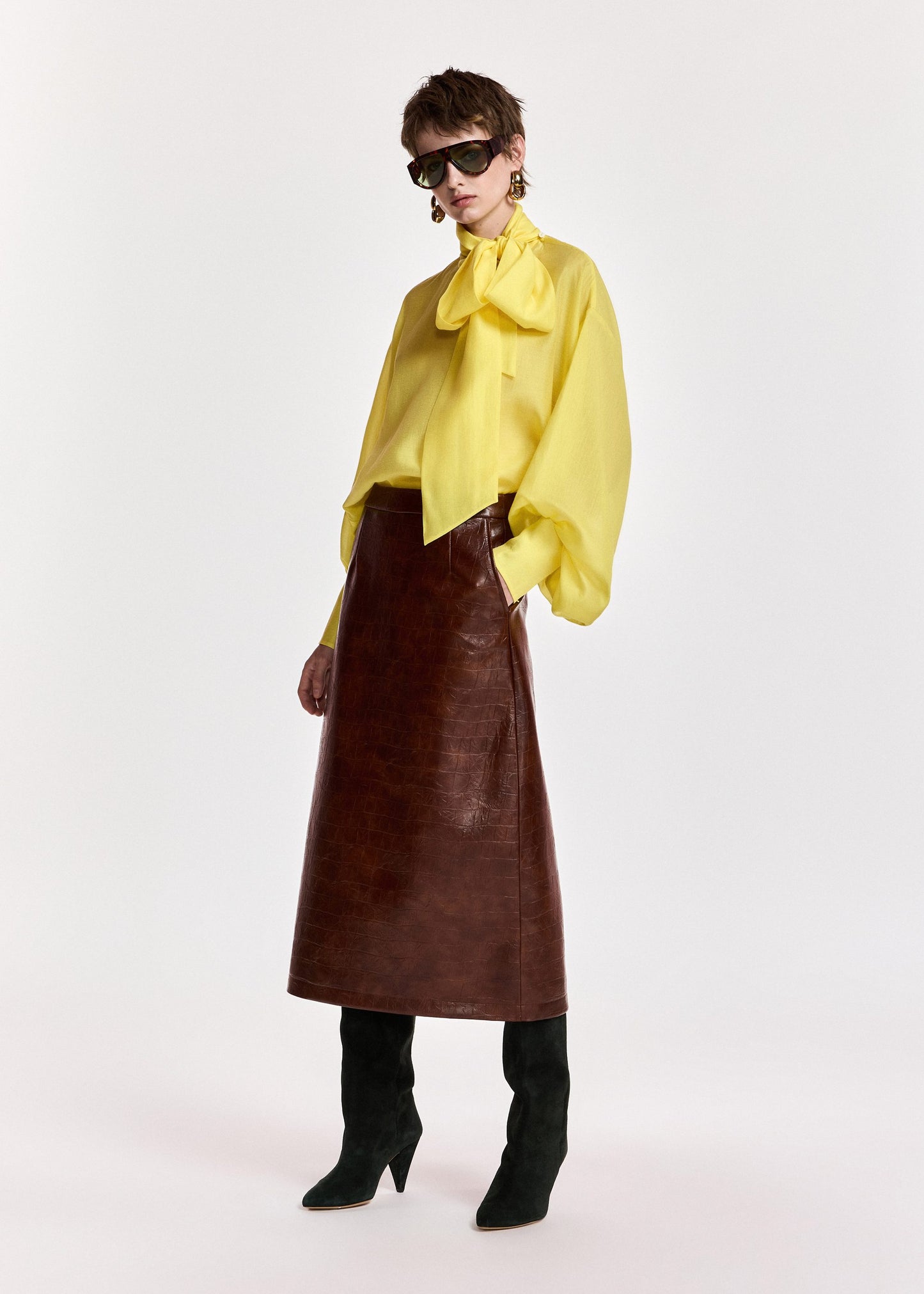 Essentiel Antwerp Kind croco-effect faux leather midi skirt in brown, additional view