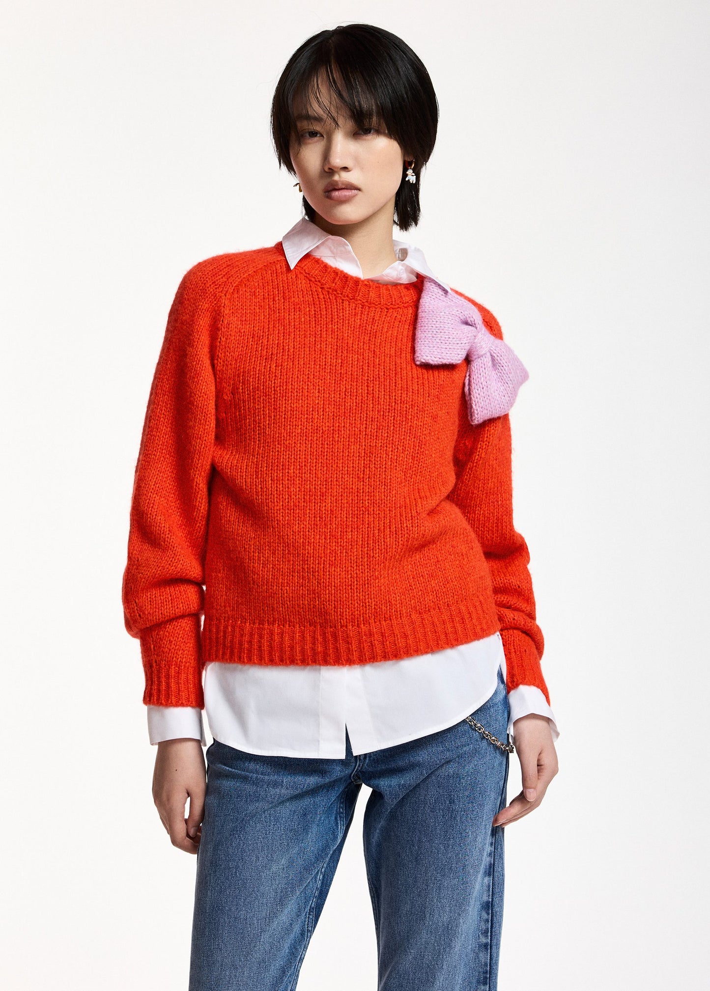 Essentiel Antwerp Kollier Pullover With Bow in Loose Juice red-orange, front view