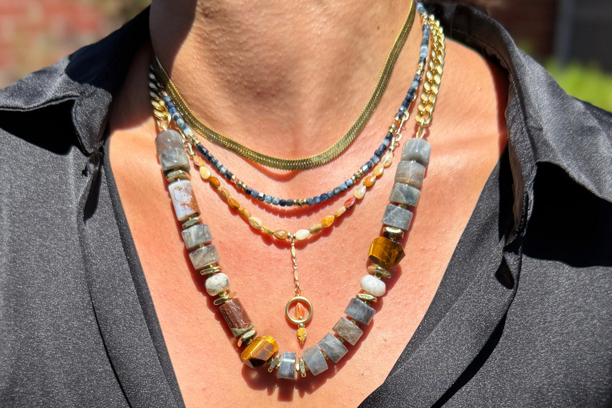 Rachel Nathan Crazy Lace Agate Pear Shape Y necklace shown on model, layered with other Rachel Nathan styles