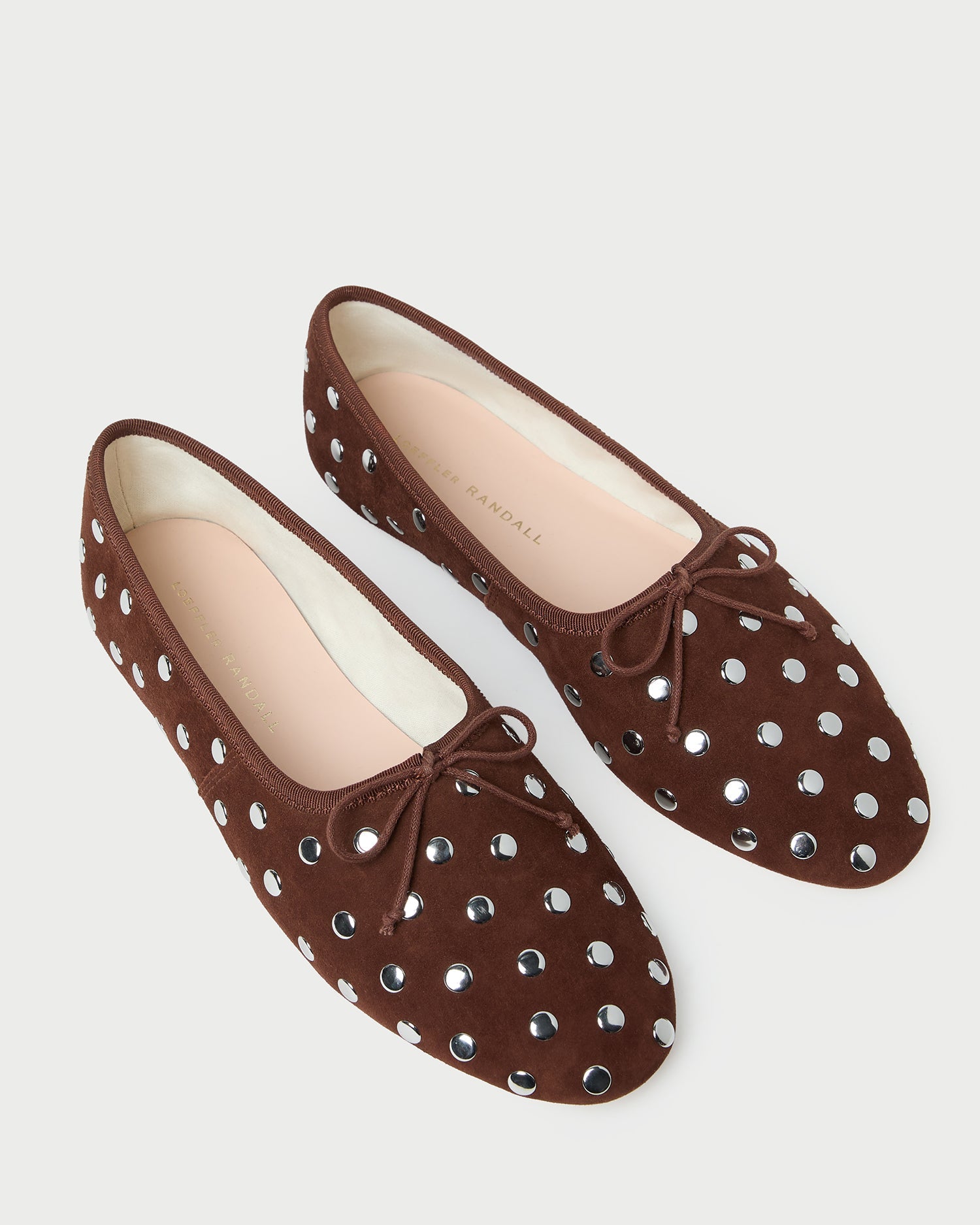Loeffler Randall Landon Soft Ballet Flat in Espresso suede, alternate view showing the silver stud detail