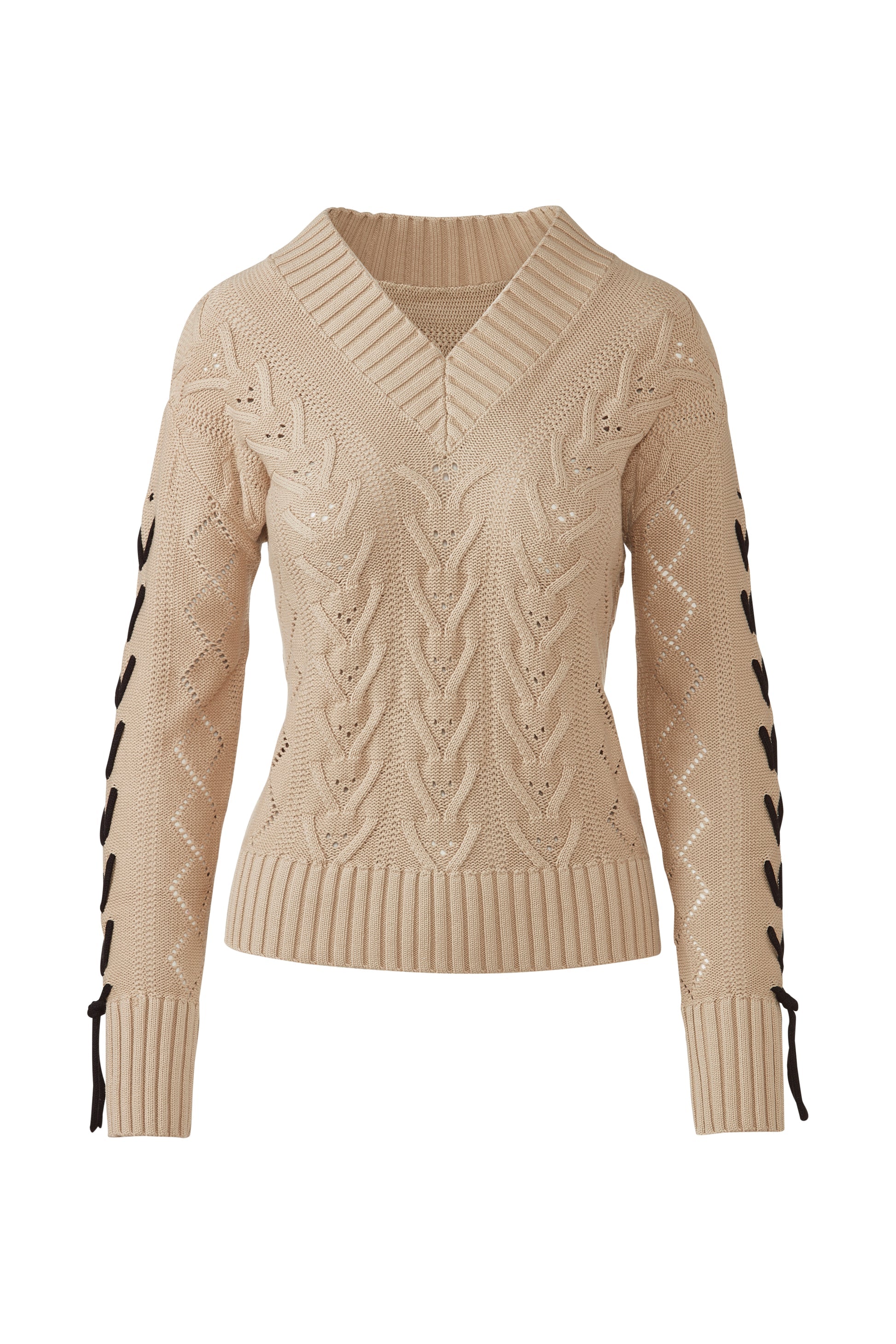 &Isla Braided Sleeve Cable Vee in Sand, front view