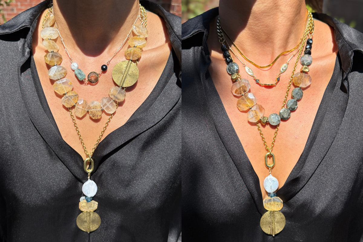 Rachel Nathan Long: Pearl, Topaz and Dendritic Quartz necklace shown on model