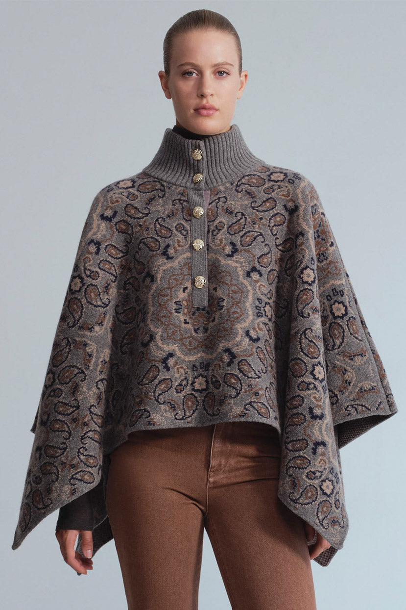 Cara Cara Pagoda Cape in Bandana Heather Grey, shown on model