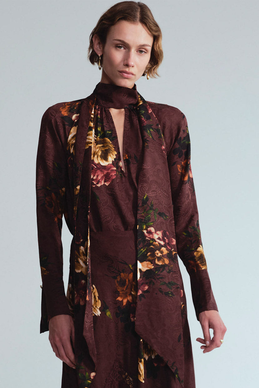 Cara Cara Sundance Blouse in Ariana Flora Merlot, shown on model