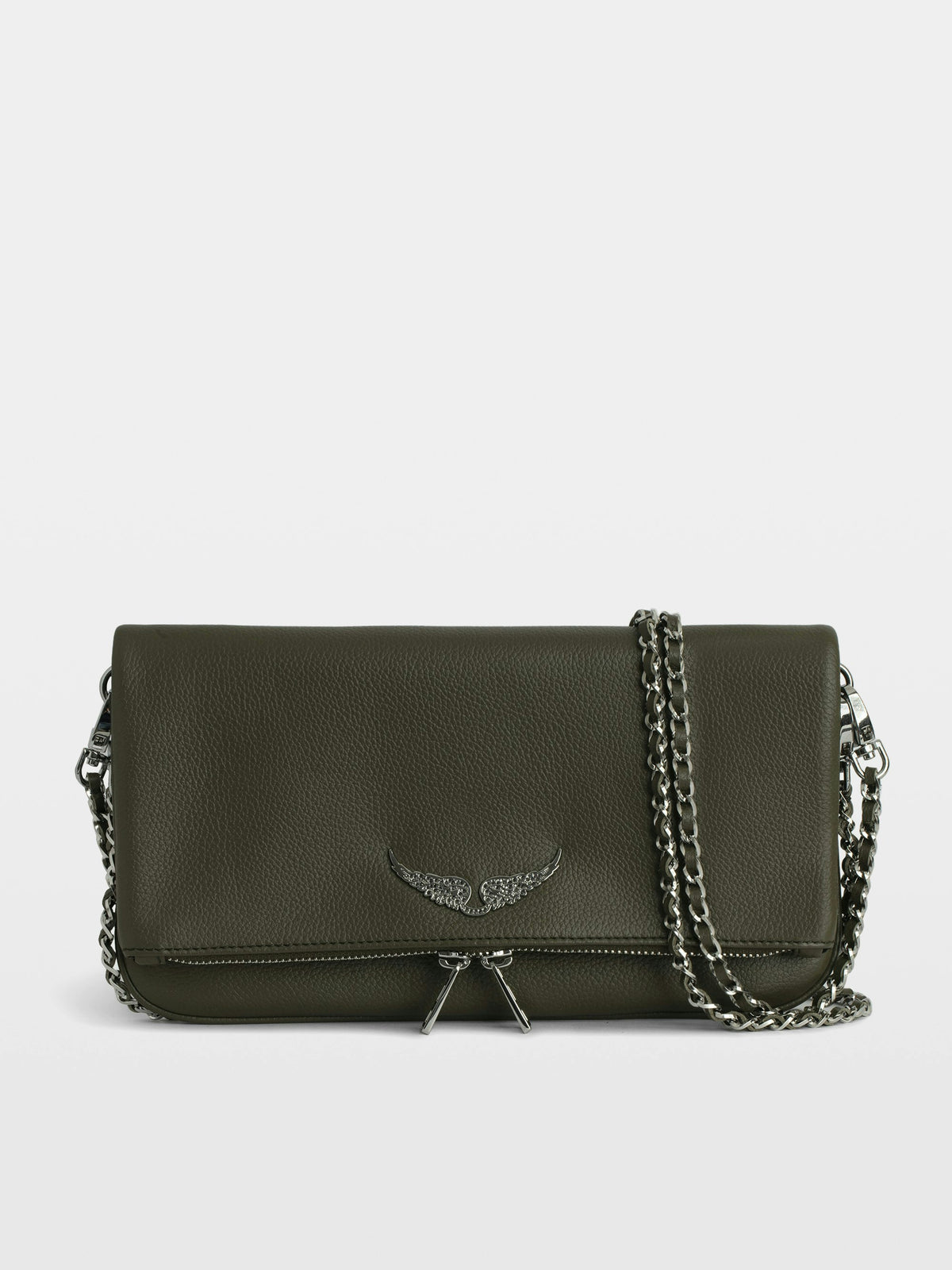 Zadig & Voltaire Rock Clutch in Record, khaki grained leather with chain straps, front view