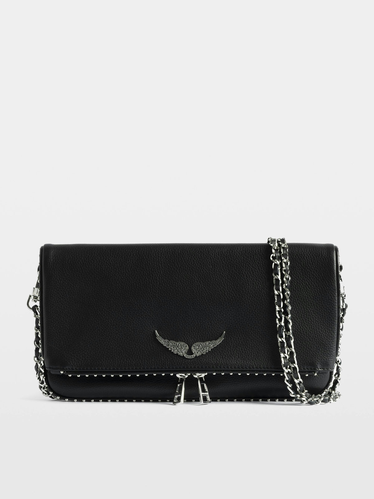 Zadig & Voltaire Rock Studs Clutch in Black, studded grained leather with chain straps, front view