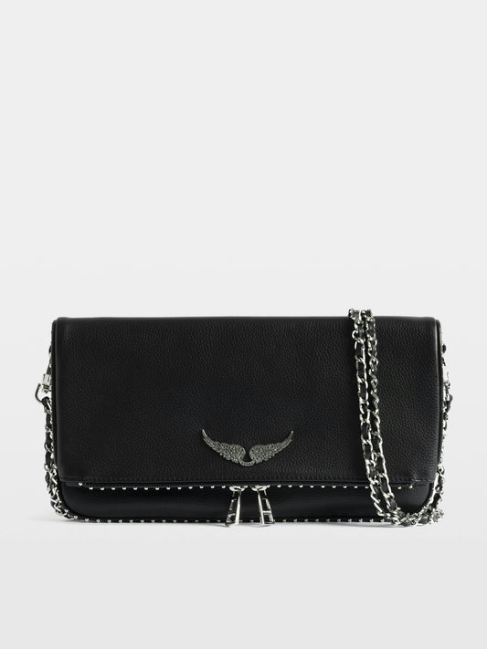 Zadig & Voltaire Rock Studs Clutch in Black, studded grained leather with chain straps, front view