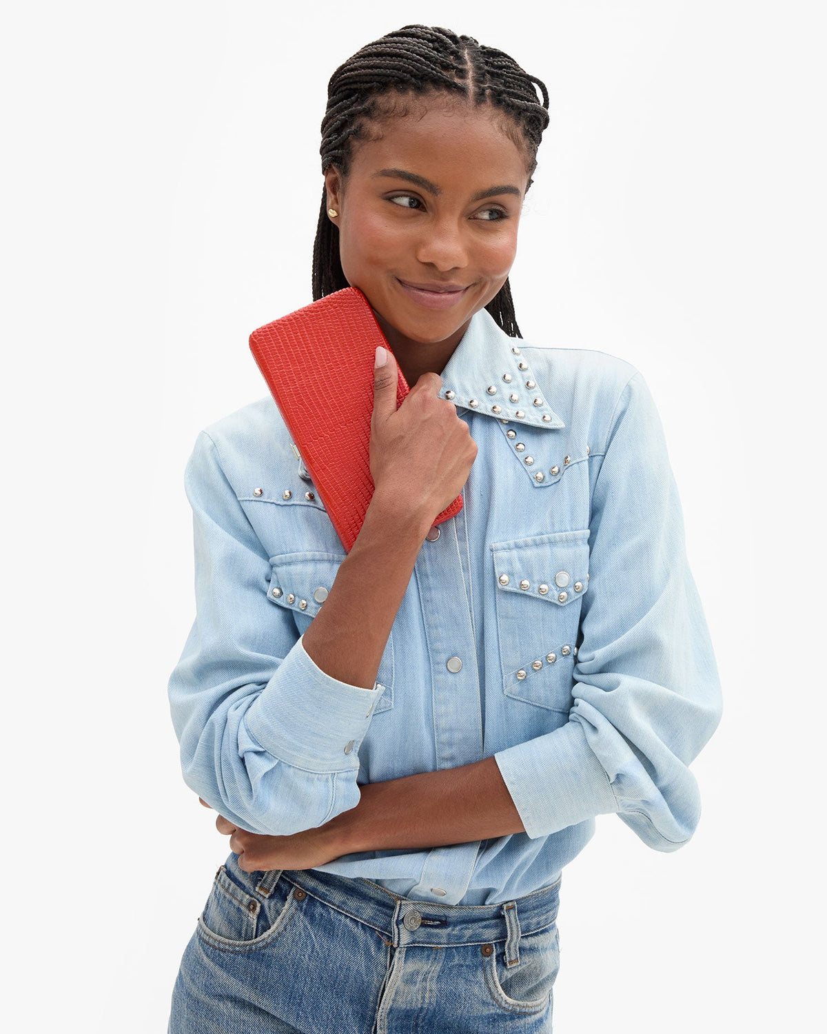 Clare V Le Tabac in Red Glossy Lizard, shown held by a model