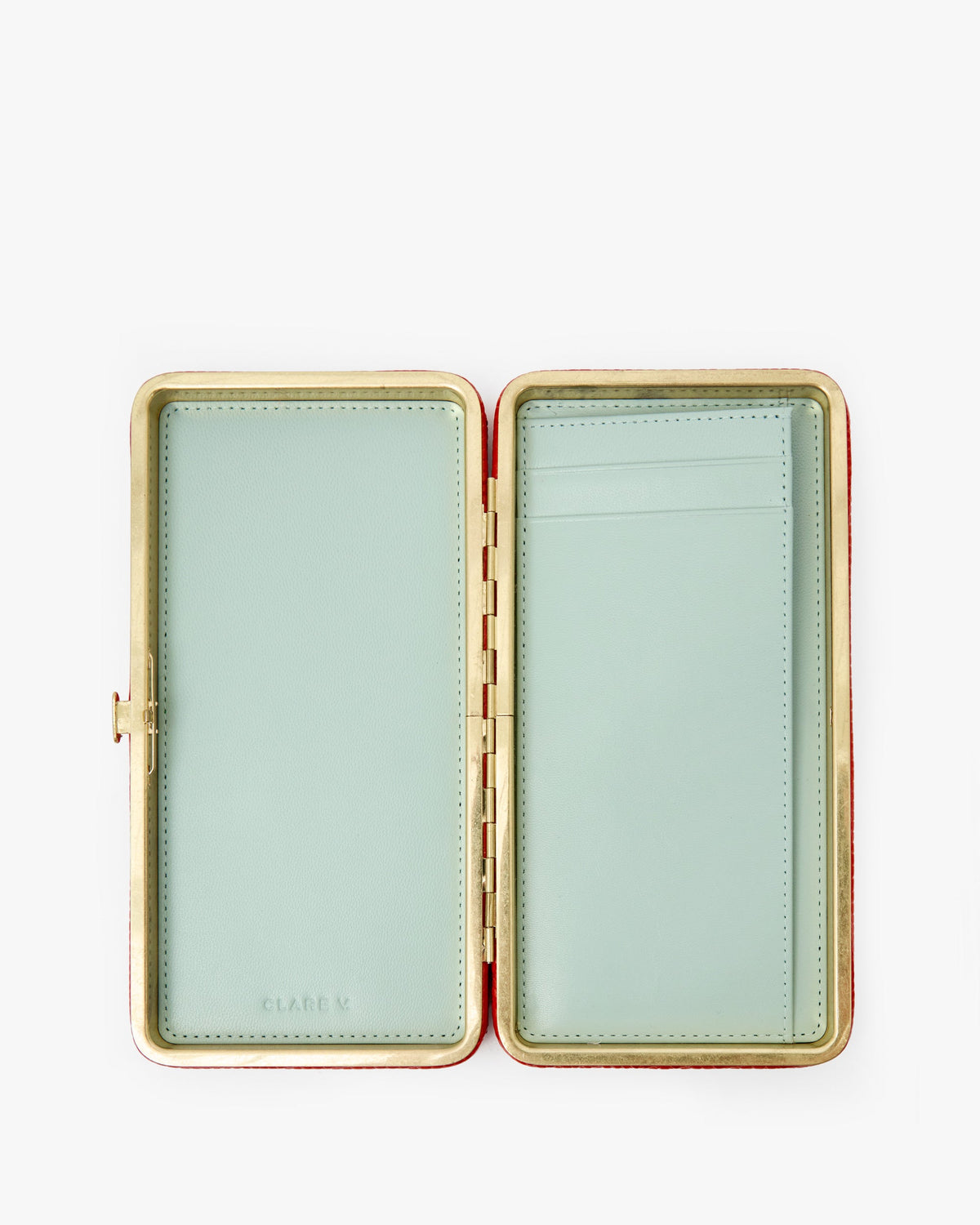 Clare V Le Tabac in Red Glossy Lizard, interior view showing bill pocket and card slots