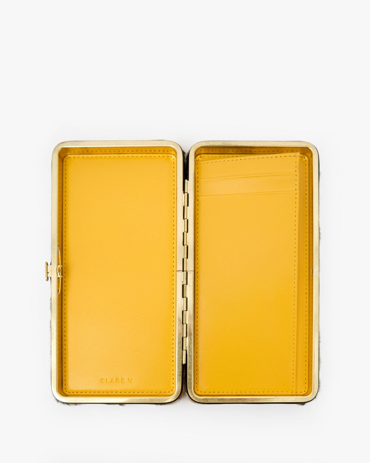 Clare V Le Tabac in Cream/Black Snow Leopard Hair-On, interior view showing bill pocket and card slots