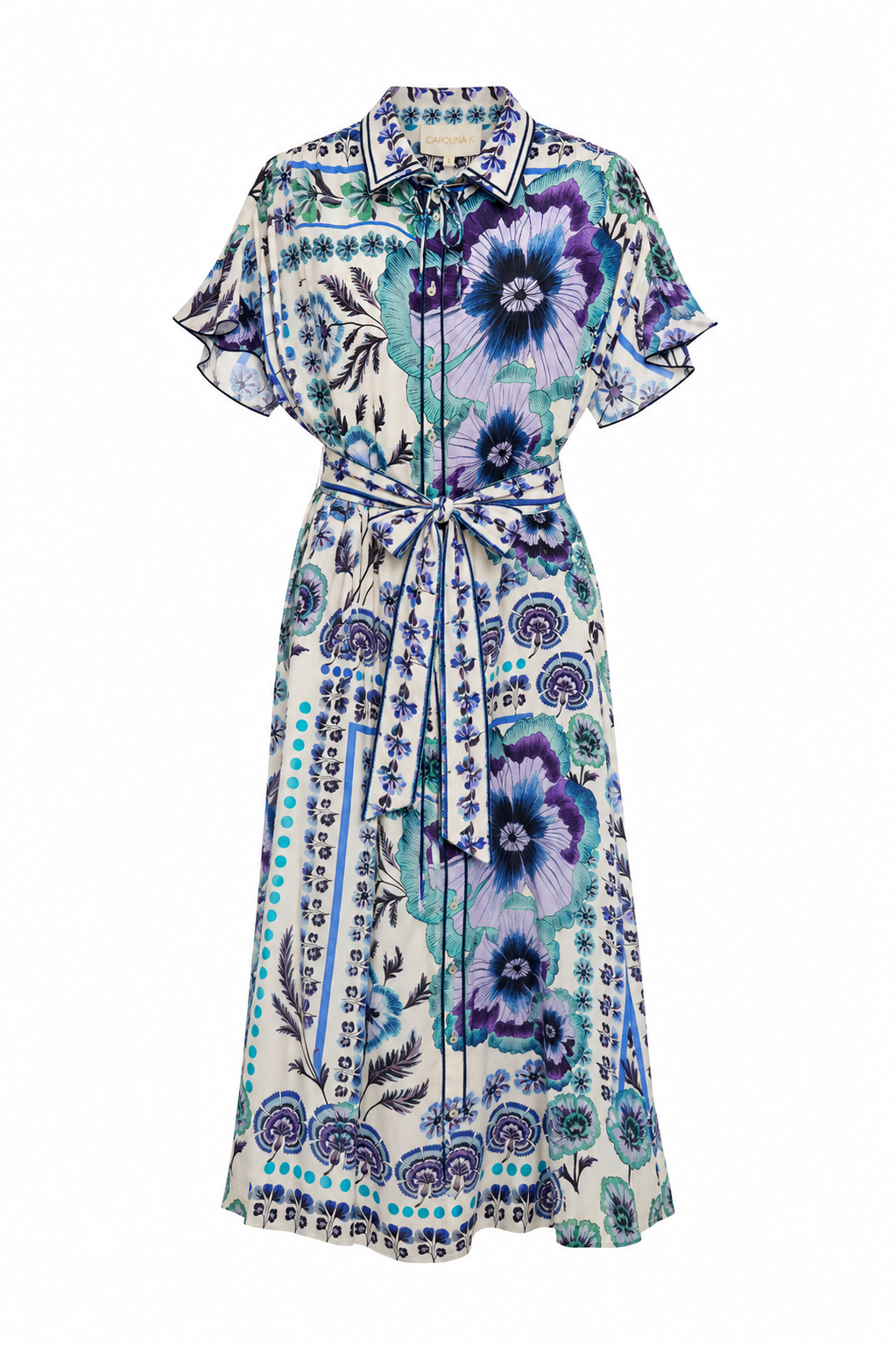 Carolina K Lynn Kaftan in Antique Floral Blue, front view