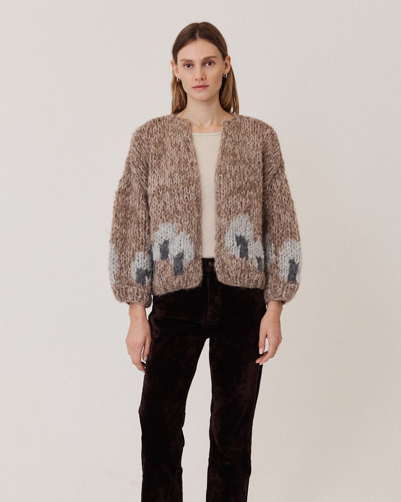 Maiami Intarsia Bomber Cardi in Fisher Boat, shown on model
