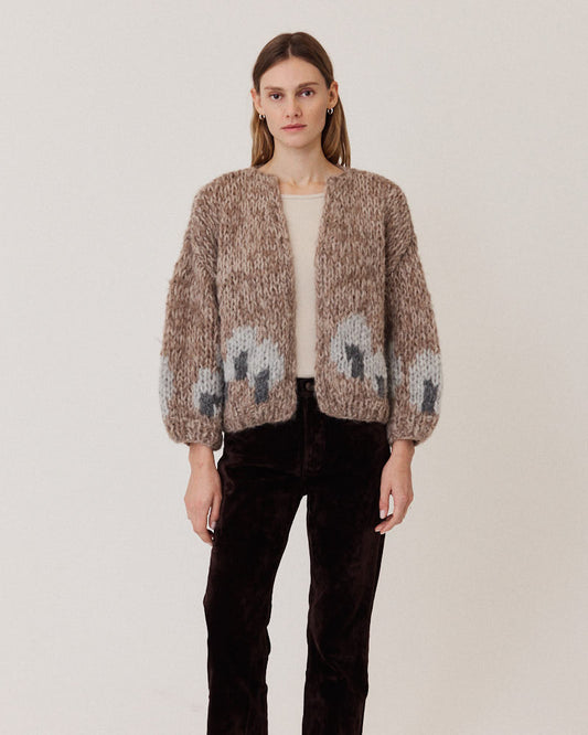 Maiami Intarsia Bomber Cardi in Fisher Boat, shown on model