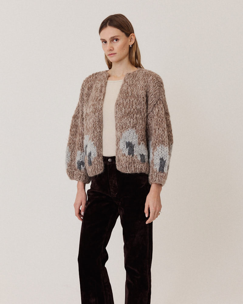 Maiami Intarsia Bomber Cardi in Fisher Boat, alternate view on model