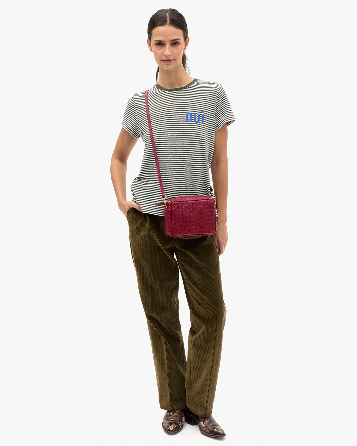 Clare V Midi Sac w/ Pocket in Garnet Diagonal Woven, shown on model as a crossbody