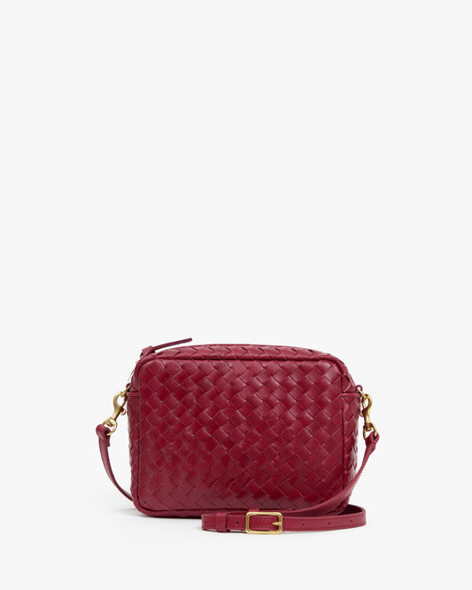 Clare V Midi Sac w/ Pocket in Garnet Diagonal Woven, full front view