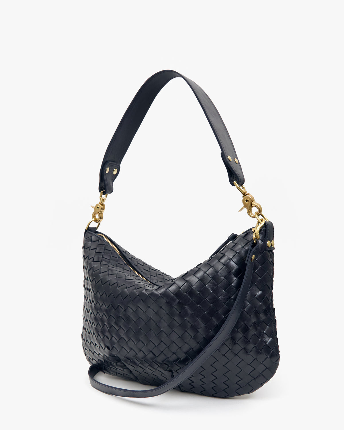 Clare V Moyen Messenger in Twilight Navy Diagonal Woven, back view