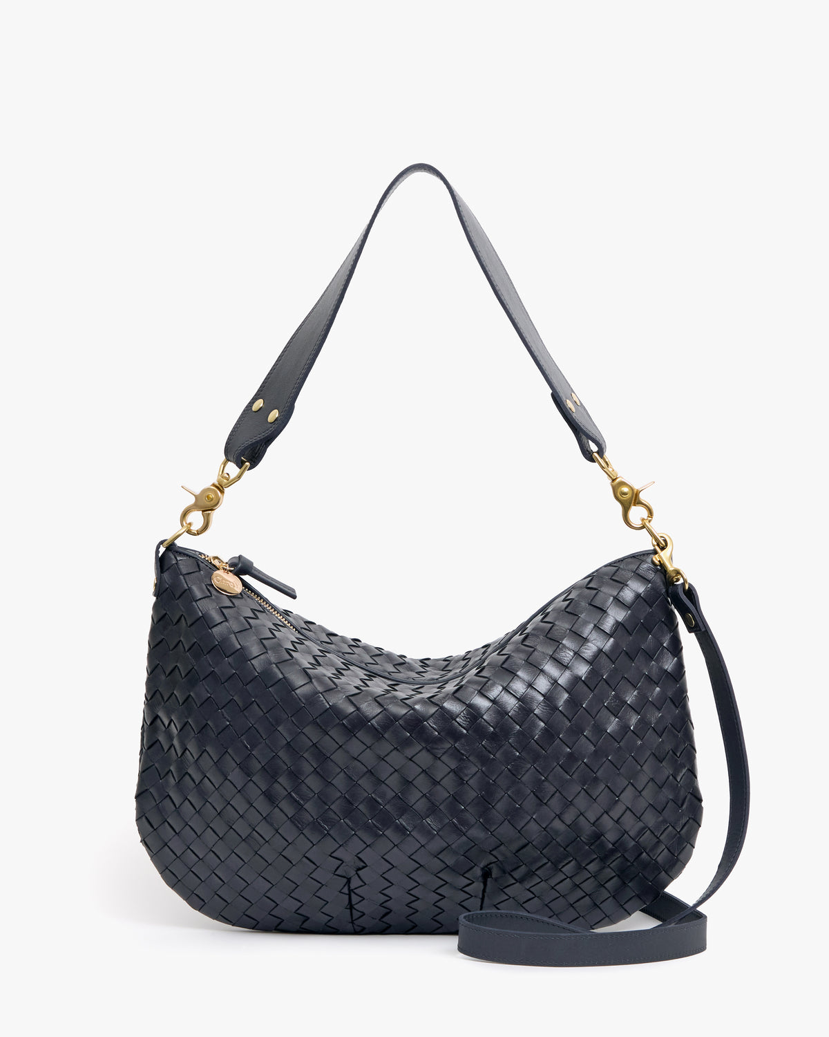 Clare V Moyen Messenger in Twilight Navy Diagonal Woven, front view