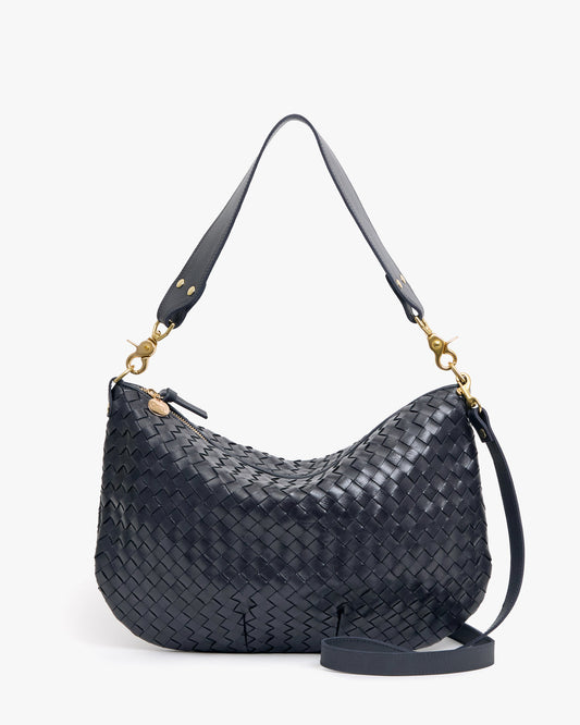 Clare V Moyen Messenger in Twilight Navy Diagonal Woven, front view