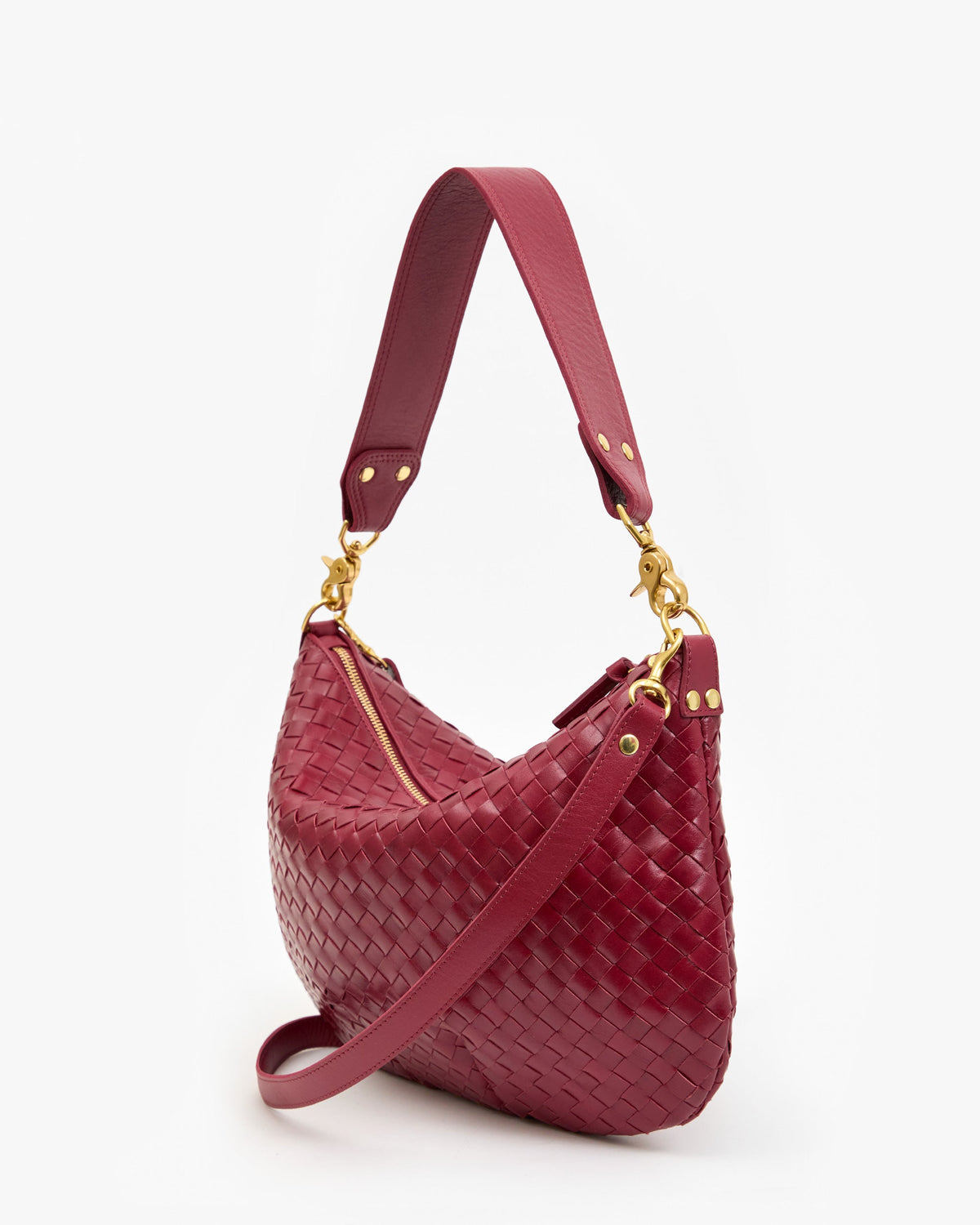 Clare V Moyen Messenger in Garnet Diagonal Woven, side and back view