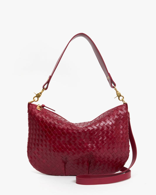 Clare V Moyen Messenger in Garnet Diagonal Woven, full front view
