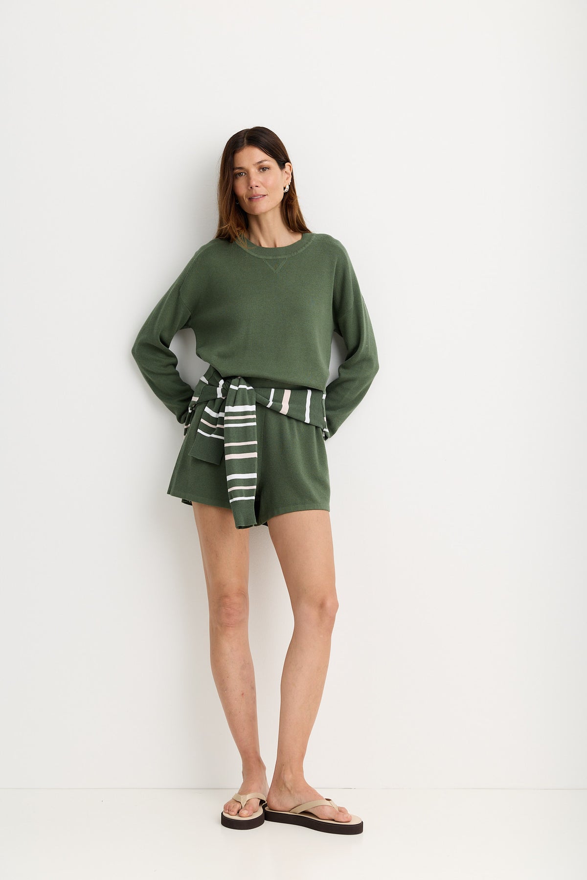 One Grey Day Warwick Pullover in Thyme, alternate view on model