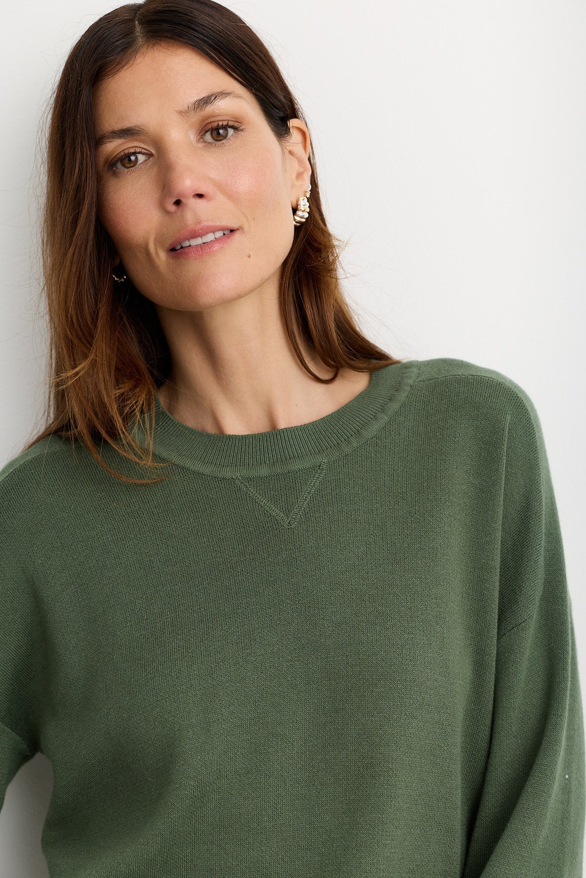 One Grey Day Warwick Pullover in Thyme, alternate view showing knit texture and neckline