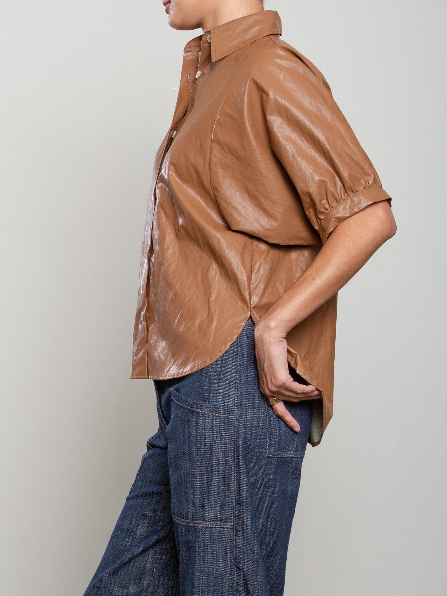 Pharaoh Claude Shirt in Chestnut faux leather, styled with denim
