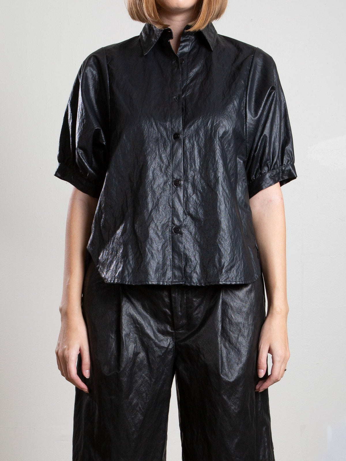 Pharaoh Claude Shirt in Faux Leather, Black, front view on model