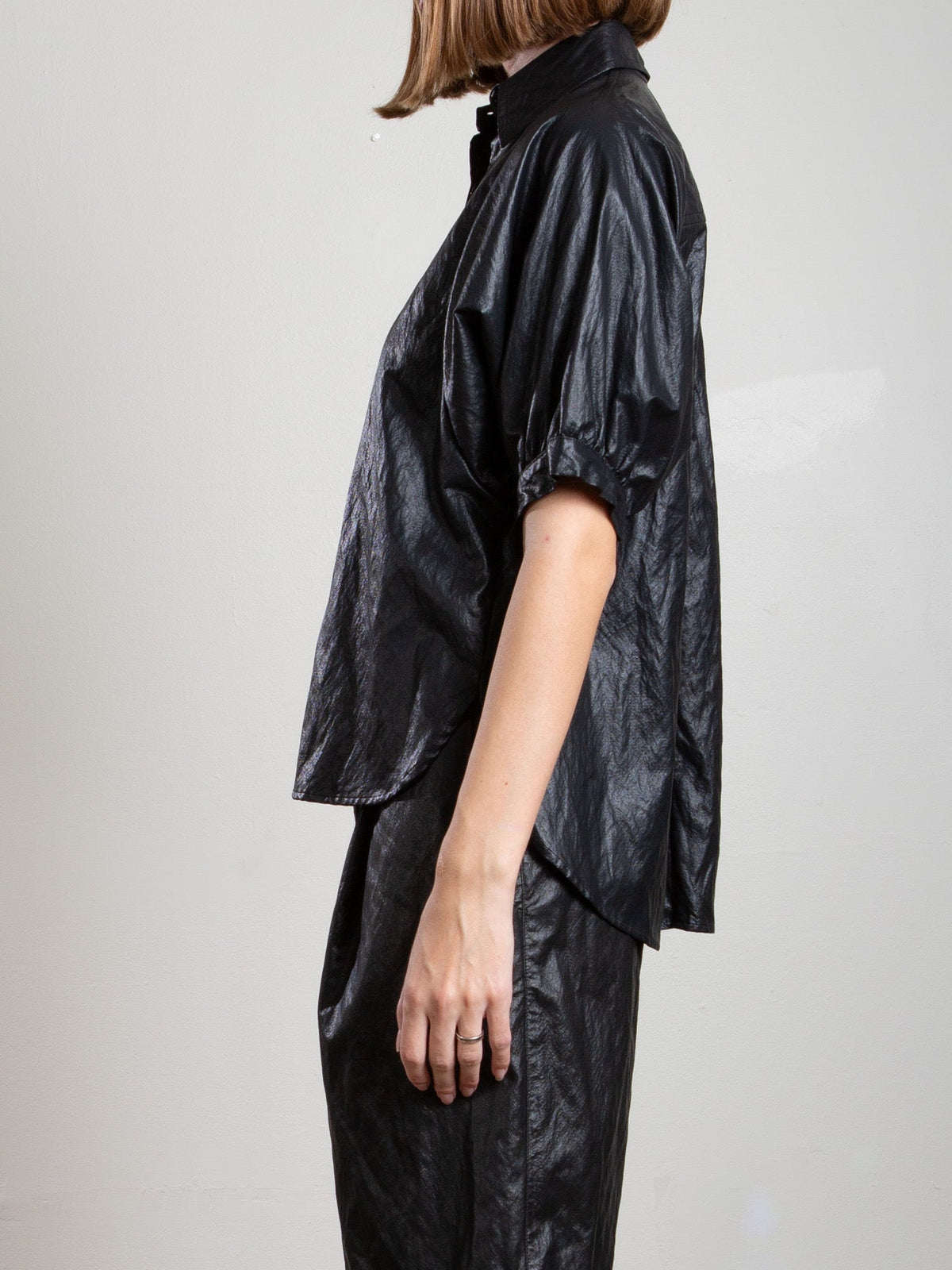 Pharaoh Claude Shirt in Faux Leather, Black, alternate view showing sleeve volume