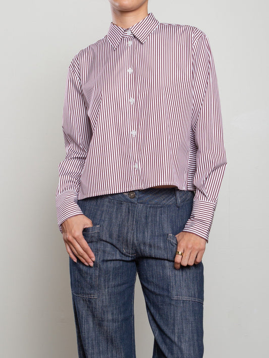 Pharaoh Enzo Shirt in Striped Poplin, Bordeaux, front view on model