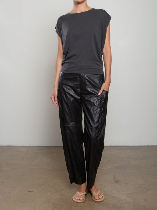 Pharaoh Torrance Pant in Faux Leather, Black, front view on model