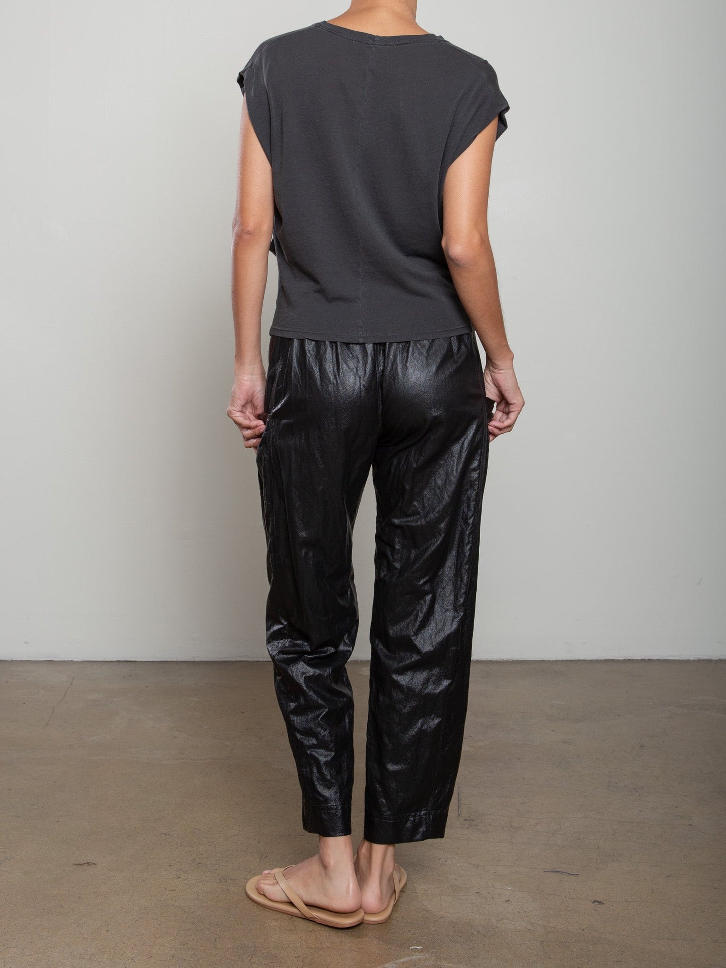 Pharaoh Torrance Pant in Faux Leather, Black, alternate view showing barrel leg and side patch pocket